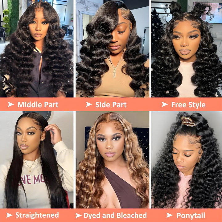 Styling versatility of EuxmeHair Loose Wave Wig, shown with middle part, side part, free style, straightened, dyed, and ponytail looks.