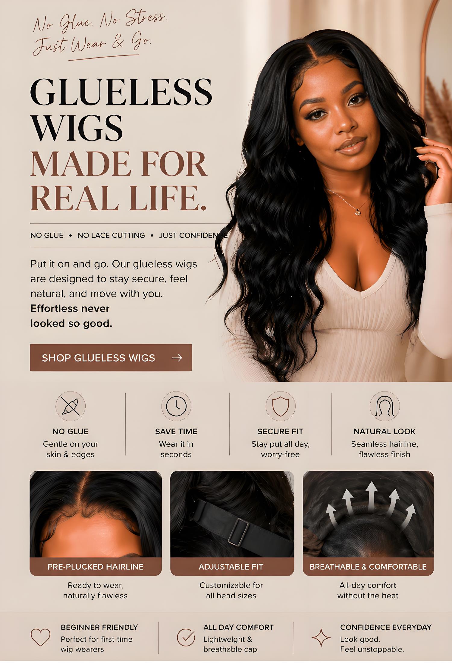 Close up of Black woman with glueless wig featuring natural hairline and quick wear and go style on mobile