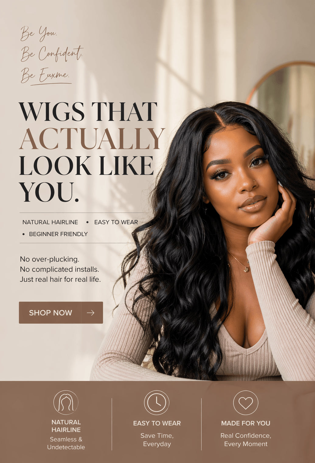 Close up of Black woman wearing a natural lace wig with soft hairline and beginner friendly look on mobile