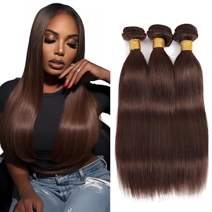 Model wearing sleek straight brown hair with three hair bundles displayed beside her, highlighting natural shine and softness.