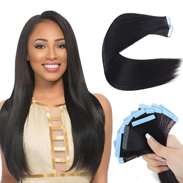Model wearing natural-colored straight tape-in extensions, showing full volume and sleek finish, with pack of tapes in hand.