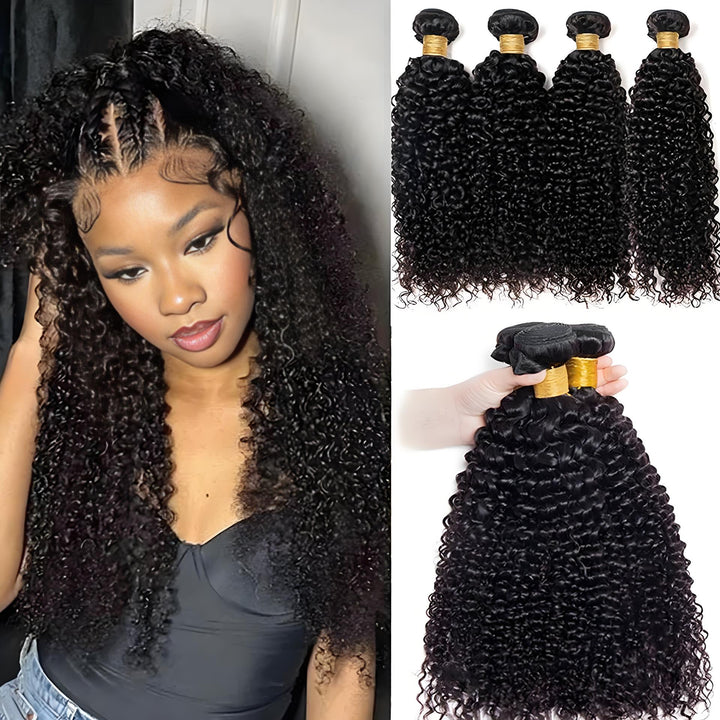 Model wearing kinky curly hair extensions with product layout showing multiple bundle options and full curl pattern.
