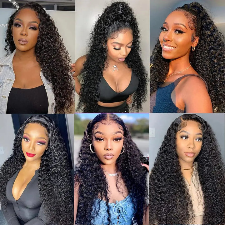 Multiple models wearing EuxmeHair Mongolian kinky curly hair bundles styled in natural curly looks showcasing volume and tight definition.