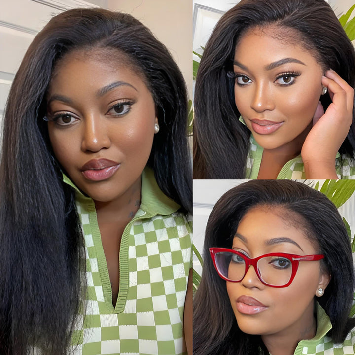 Model wearing kinky straight wig styled for daily wear with soft lace front and natural finish.