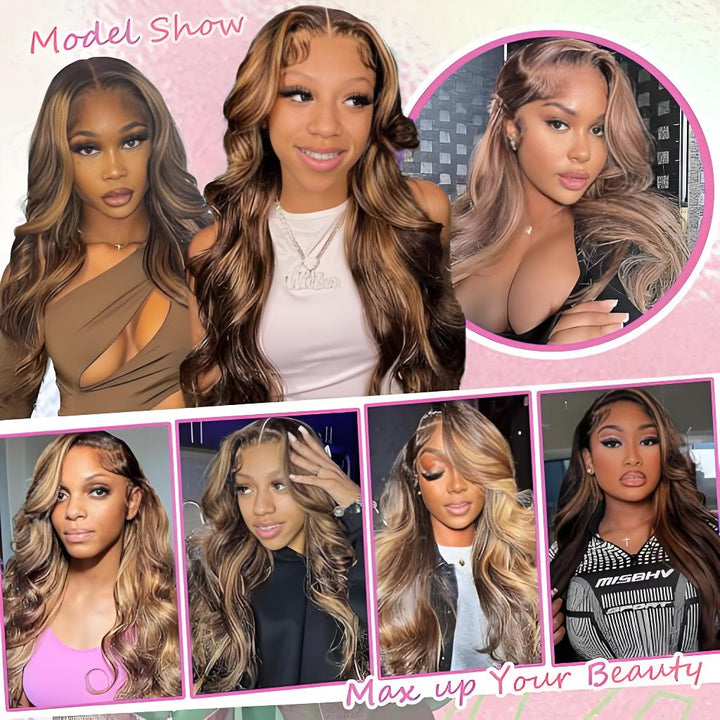 Multiple models showcasing EuxmeHair ombre honey blonde 5x5 lace closure wigs in body wave texture, styled in various looks.