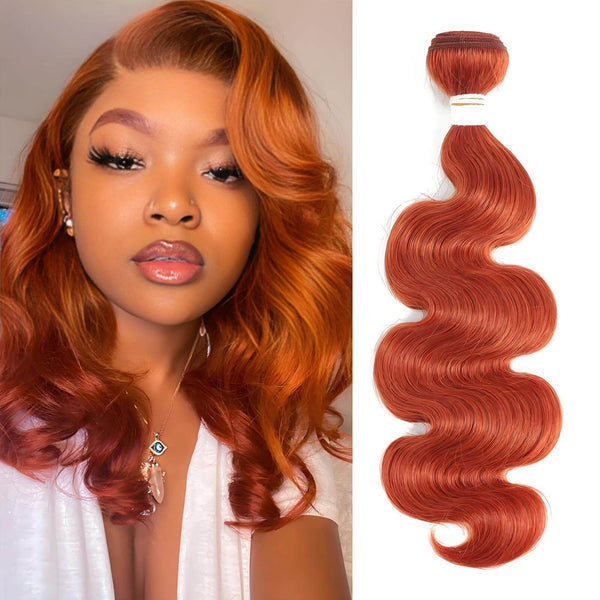 Model wearing short-length orange body wave hairstyle with one hair bundle displayed beside.