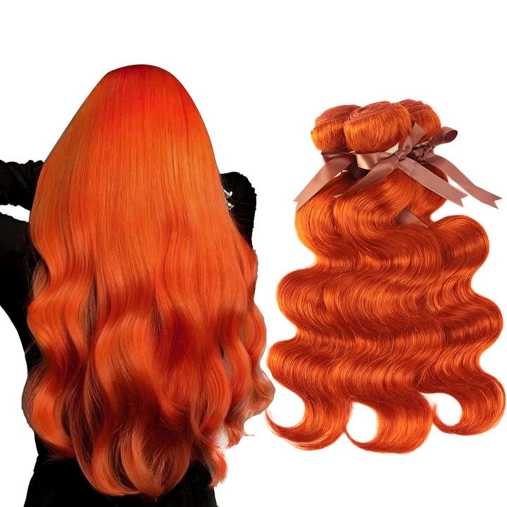 Model showing long orange body wave hair from the back, side-by-side with bundles, voluminous shiny waves.