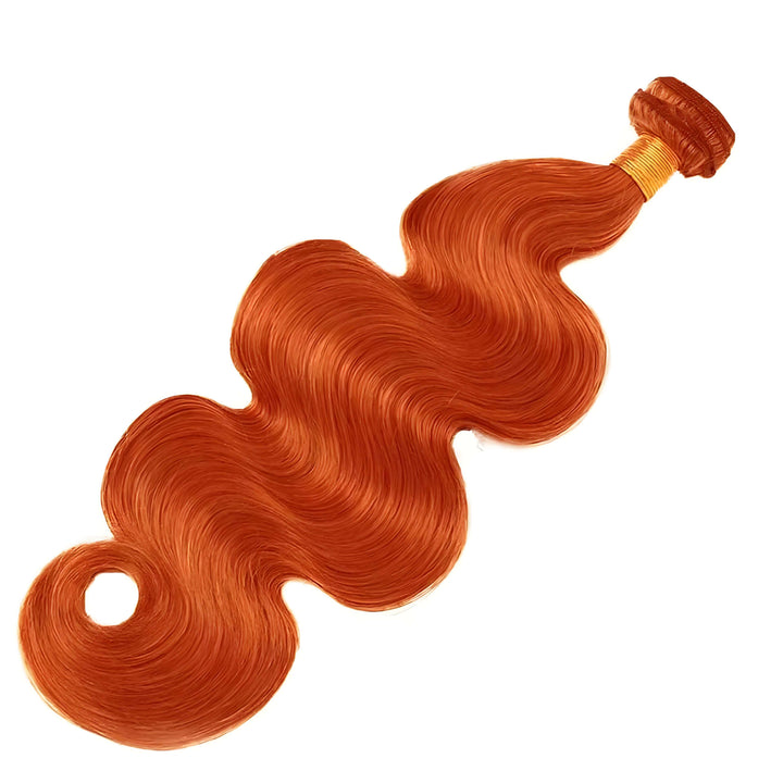 Single orange body wave hair bundle placed on white background, smooth S-shaped curl pattern.