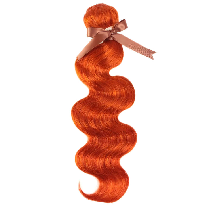 Single orange body wave hair bundle tied with ribbon, smooth shiny waves highlighted against white background.