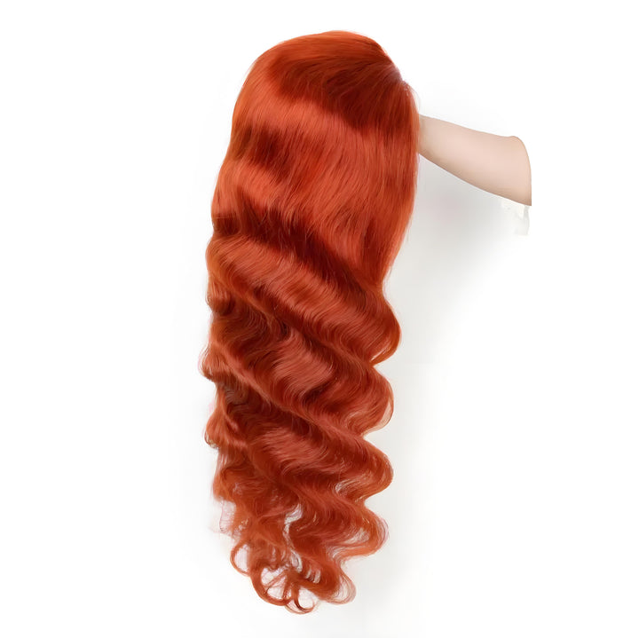 Side profile of EuxmeHair Orange Ginger Wig on mannequin, highlighting natural wave flow and color depth.