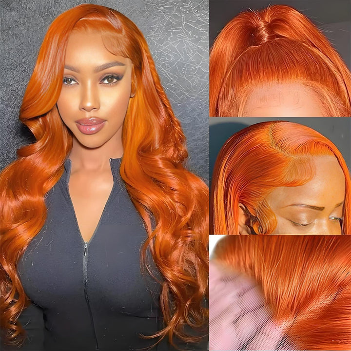 Close-up of HD lace, parting, and baby hairs on Orange Ginger wig, showing scalp-like melt and glueless hairline.