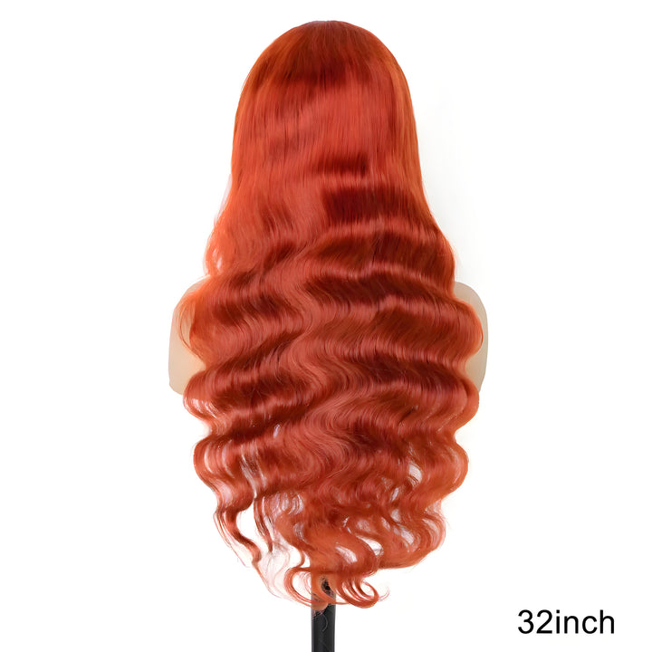 EuxmeHair Orange Ginger Body Wave Wig shown from back on mannequin, 32 inch length with full density.