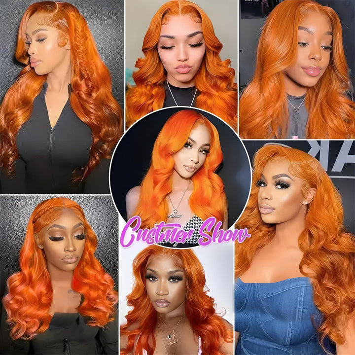 Customer gallery of EuxmeHair Orange Ginger Body Wave Wig, showcasing real wear styles on different skin tones.