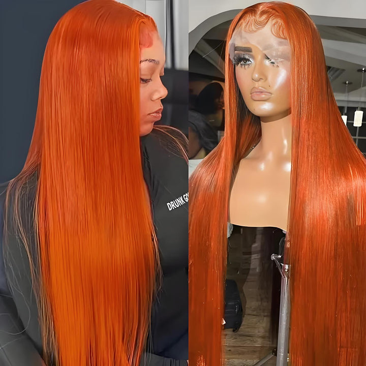 High-density long straight ginger orange wig with HD lace shown on both model and wig head