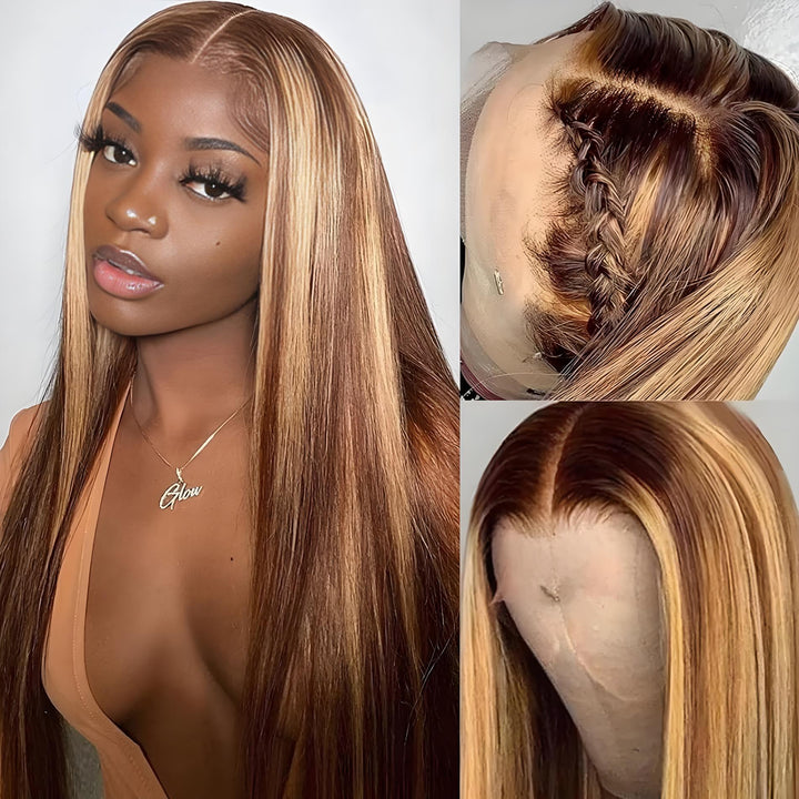 Model wearing P4/27 highlight straight wig with center part, showcasing HD lace melt and sleek texture.