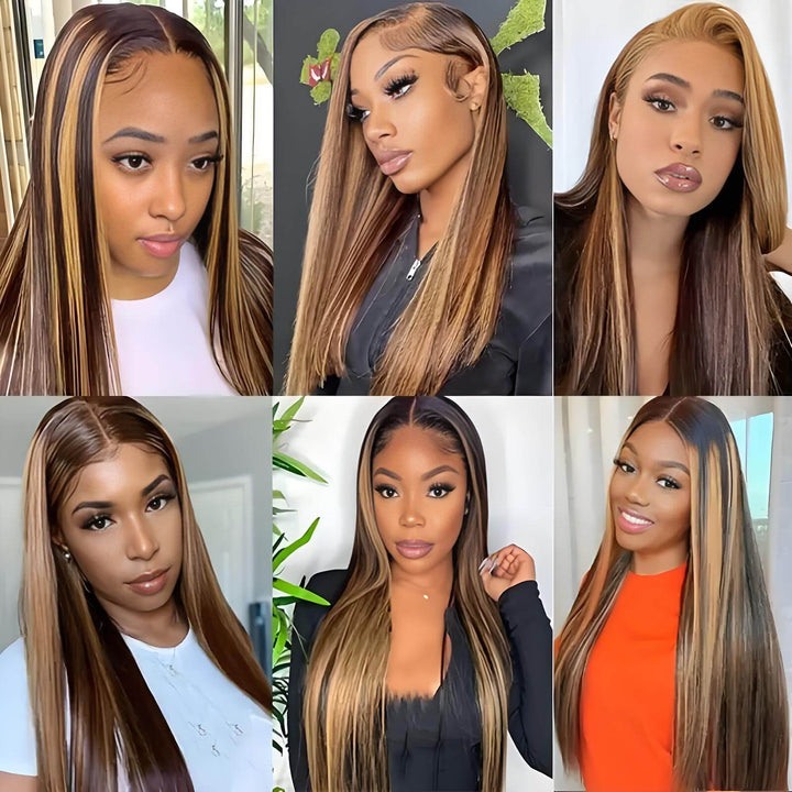Customer showcase collage featuring six women wearing P4/27 straight bundles styled sleek and parted, highlighting honey blonde streaks.