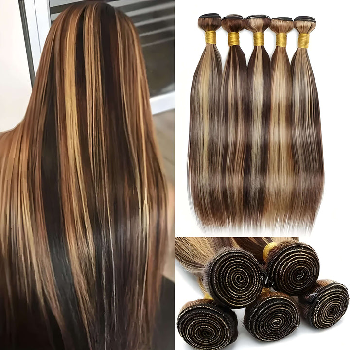 Five P4/27 straight hair bundles laid out with close-up of wefts, showing highlighted streaks in smooth straight texture.