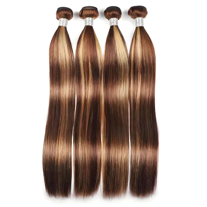 Four P4/27 straight bundles arranged together, displaying medium brown base with honey blonde highlight blend.