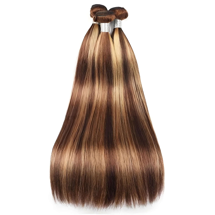 Three P4/27 straight bundles displayed together, highlighting medium brown base with honey blonde highlights.
