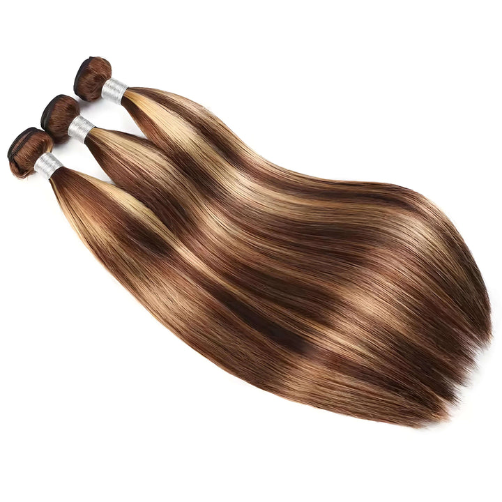 Side view of three P4/27 straight hair bundles, medium brown with honey blonde highlights, laid flat to show silky texture.
