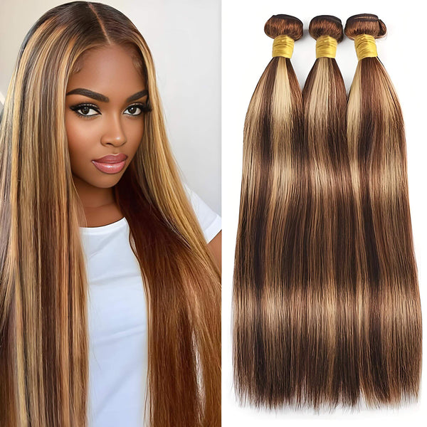 Model wearing P4/27 straight bundles on left, with three bundles displayed on right, showing natural shine and color blend.