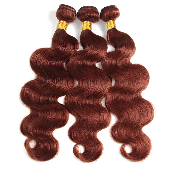 Three EuxmeHair reddish brown body wave bundles laid out side by side showing consistent wave pattern.