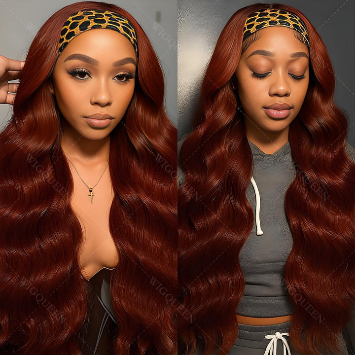 Front and side view of Reddish Brown body wave headband wig showing soft curls and natural shine.