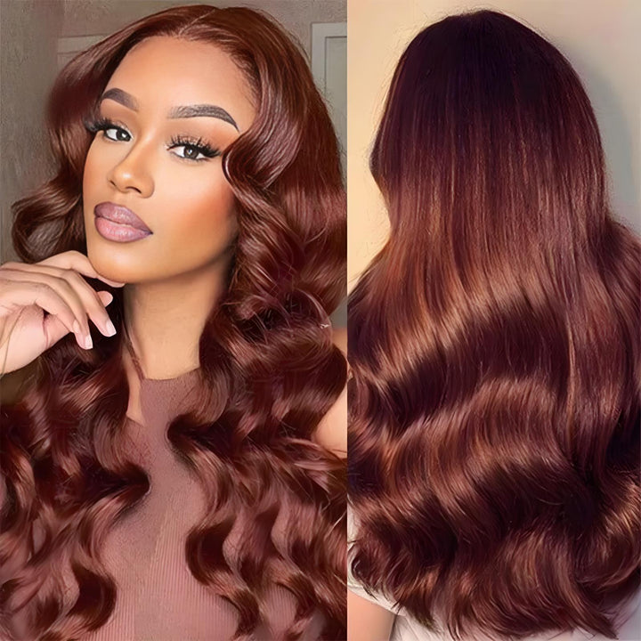 Front and back view of EuxmeHair reddish brown body wave hair styled on a model, showing vibrant color and waves.