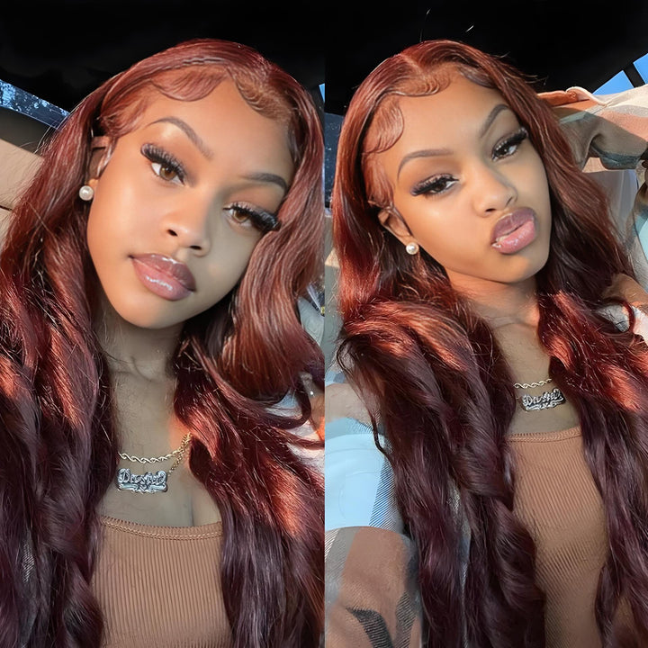 Two photos of a model wearing EuxmeHair reddish brown body wave hair in natural lighting, with soft curls.