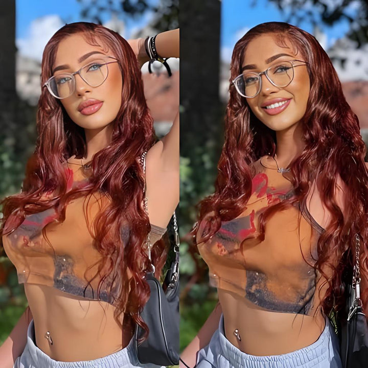 Outdoor view of a model wearing EuxmeHair reddish brown body wave bundles, glowing under sunlight.