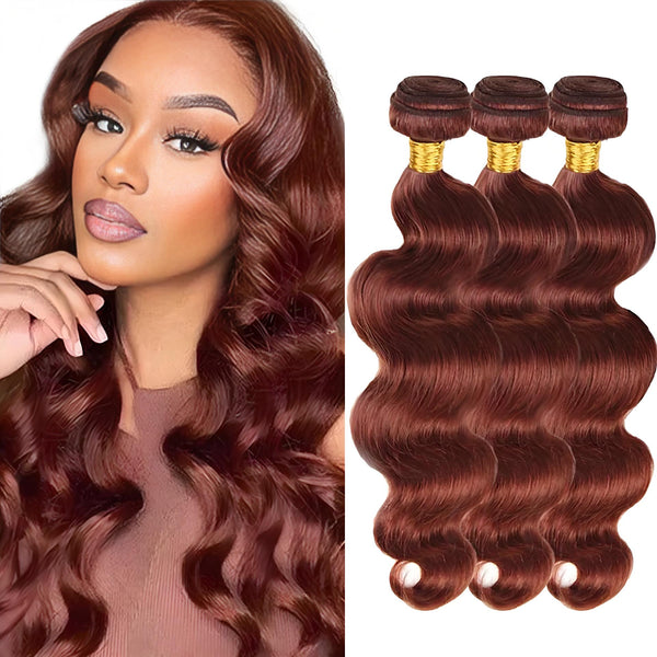 EuxmeHair model showcasing installed reddish brown body wave hair next to bundle photo.