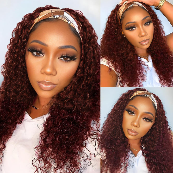 Close-up and angled views of model wearing reddish brown deep wave headband wig with light makeup.