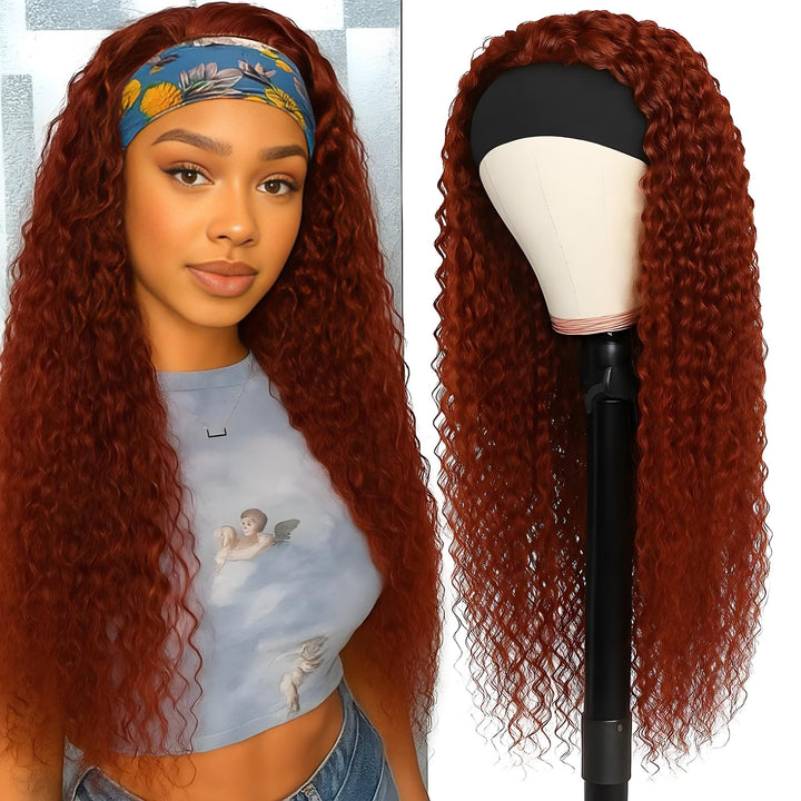 Model and mannequin showcasing long reddish brown deep wave headband wig with floral printed band.
