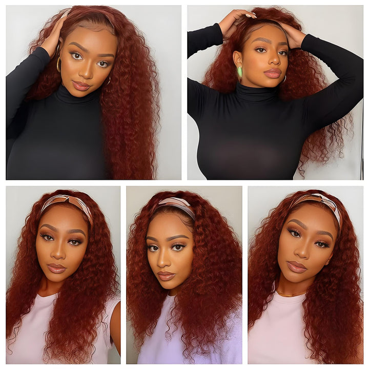 Collage of five different looks featuring reddish brown deep wave headband wig styled on the same model.