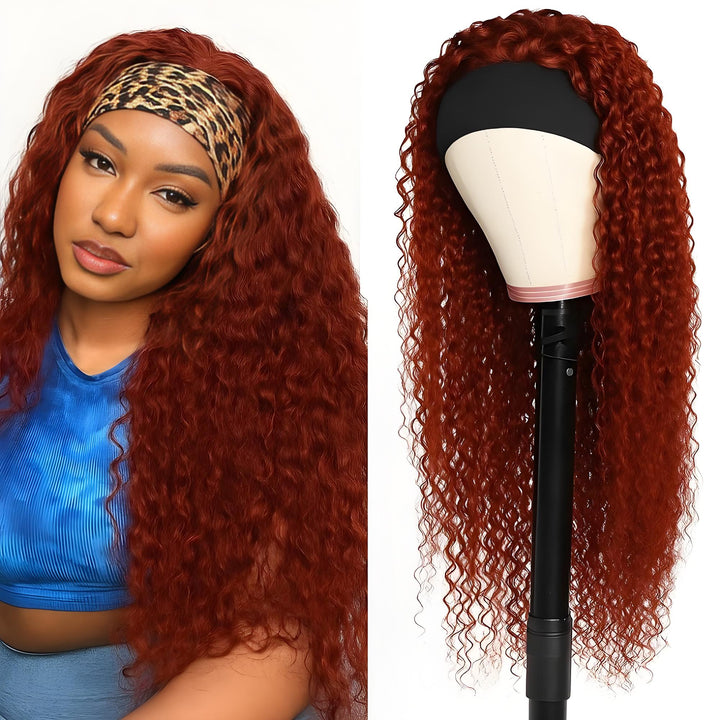 Deep wave reddish brown headband wig on model with leopard print band and matching mannequin view.