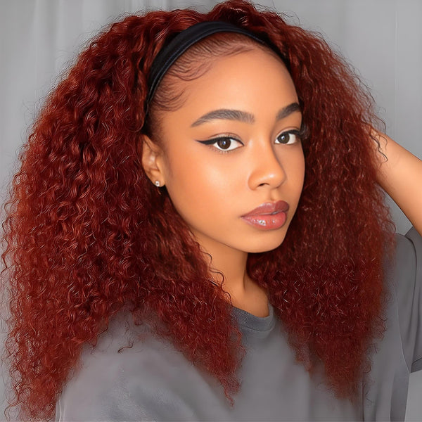 Reddish brown deep wave headband wig featuring natural afro hairline on model with black elastic band.