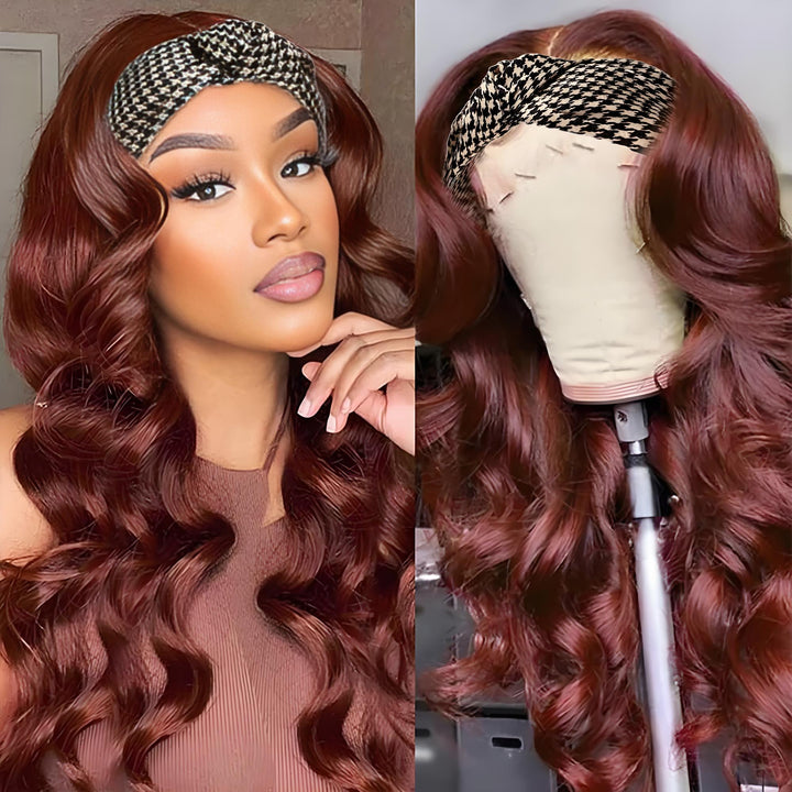 Reddish brown headband wig displayed in 360-degree view showing front, back, and side.