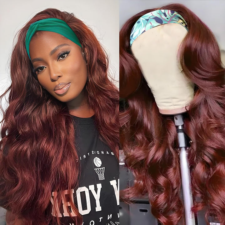 Model wearing reddish brown body wave headband wig with casual styling, soft curls, and volume.