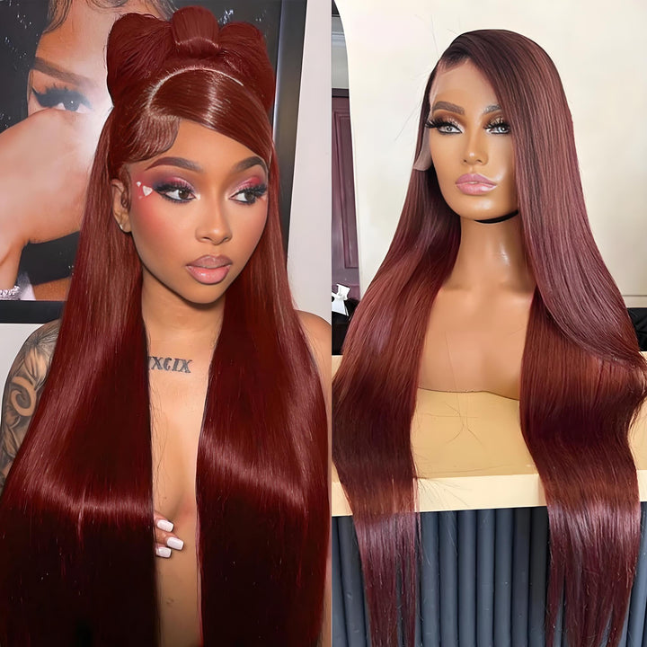 Model and mannequin showcasing EuxmeHair reddish brown straight wig with side part and full natural finish.