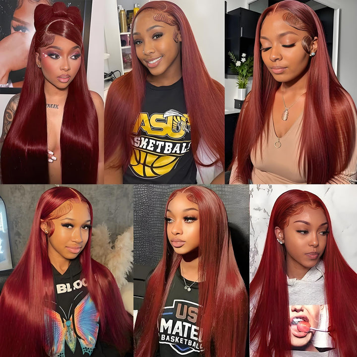  Collage of customers wearing EuxmeHair reddish brown straight wig in various styles, showing versatility and realism.