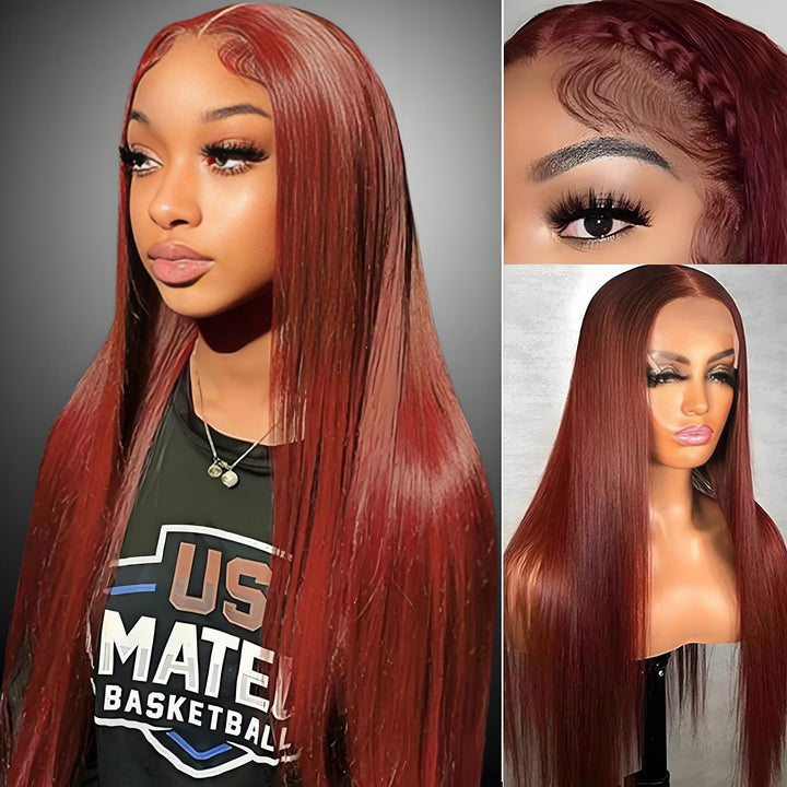 EuxmeHair wig worn with braid and close-up of lace front details, showing reddish brown color and clean hairline.