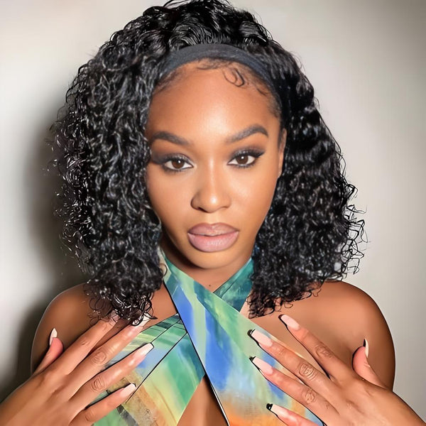Short bob headband wig in deep wave texture, worn by model with bold makeup and stylish outfit.