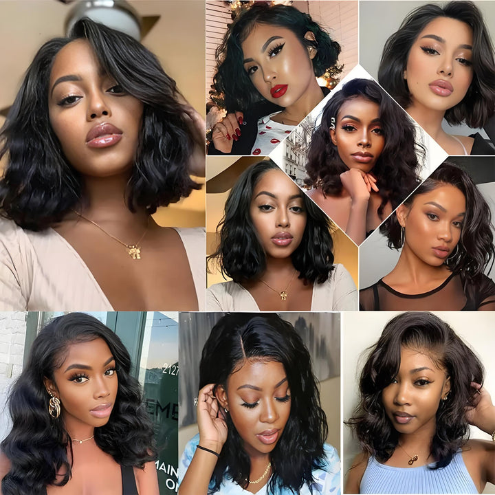 Customer collage wearing natural body wave bob wigs in different styles.