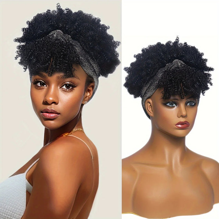 Back view of short kinky curly headband wig showing natural curls, soft volume, and even shape.