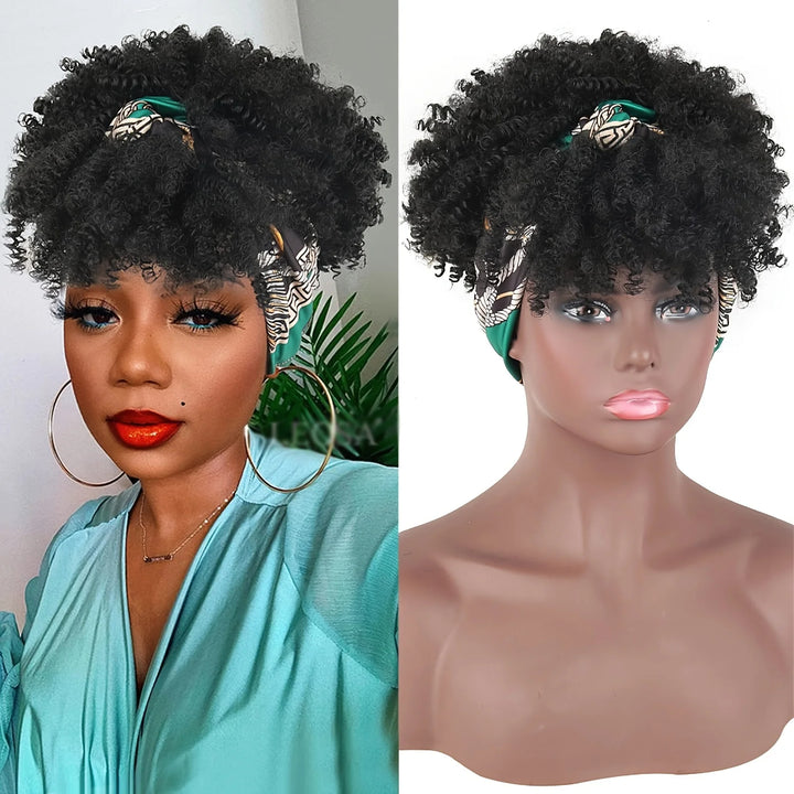 Model showcasing front and back views of short kinky curly headband wig with natural texture and secure black band.