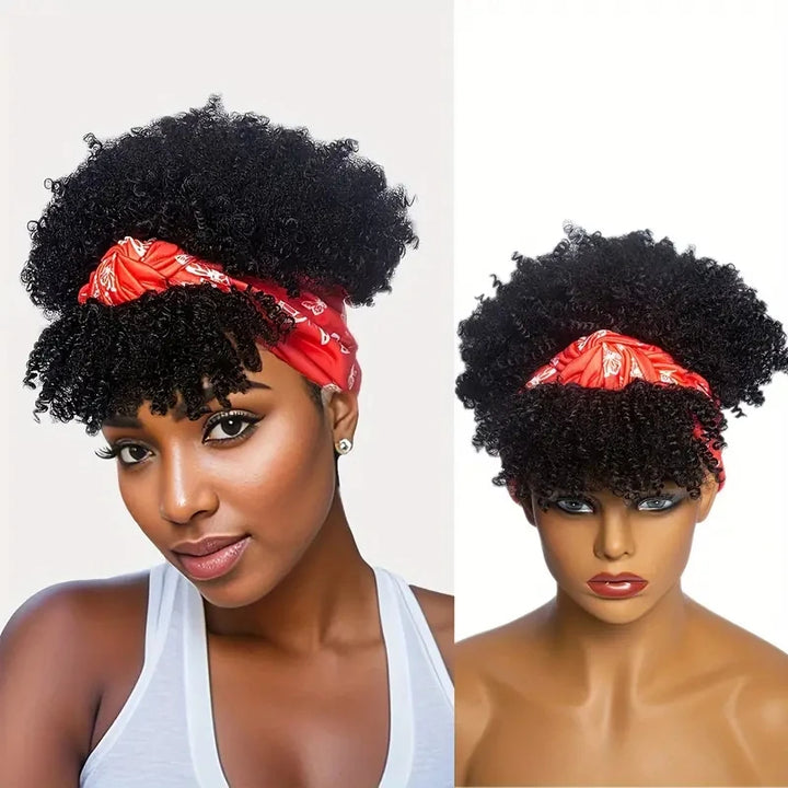 Infographic highlighting features of short kinky curly headband wig including elastic cap, combs, velcro, and no-glue design.