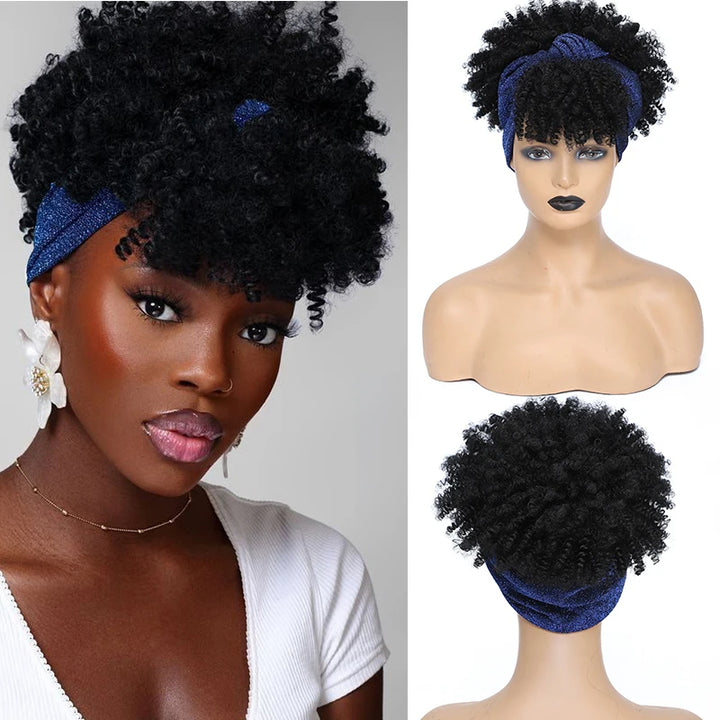 Full-body view of model wearing short kinky curly headband wig in natural color with casual outfit for daily wear inspiration.