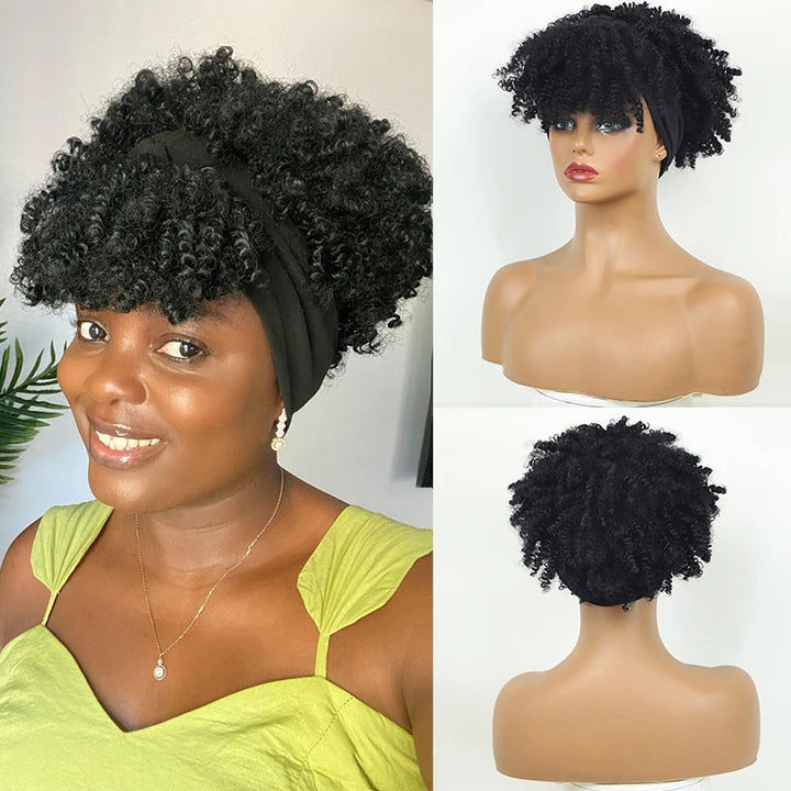 Close-up of model wearing short kinky curly headband wig styled with baby hair and soft natural edges.