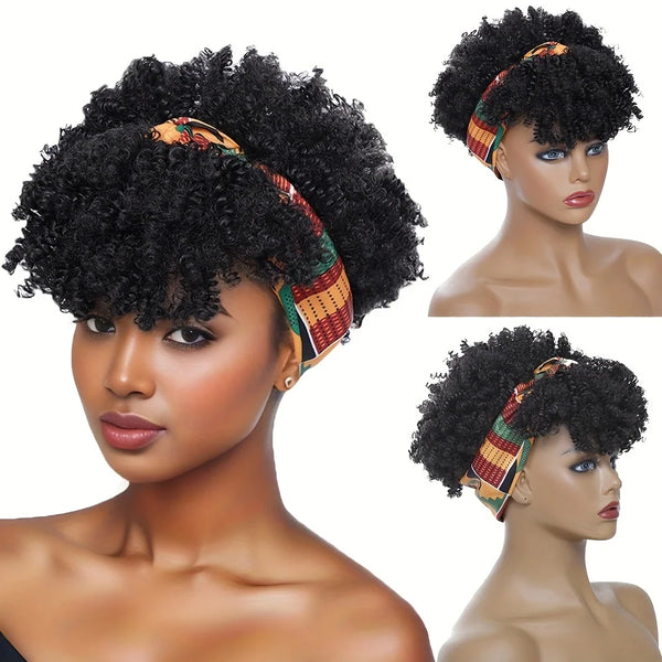 Side view of short kinky curly headband wig in natural color displayed on mannequin showing tight curls and fluffy volume.