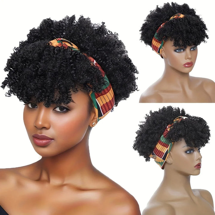 Side view of short kinky curly headband wig in natural color displayed on mannequin showing tight curls and fluffy volume.